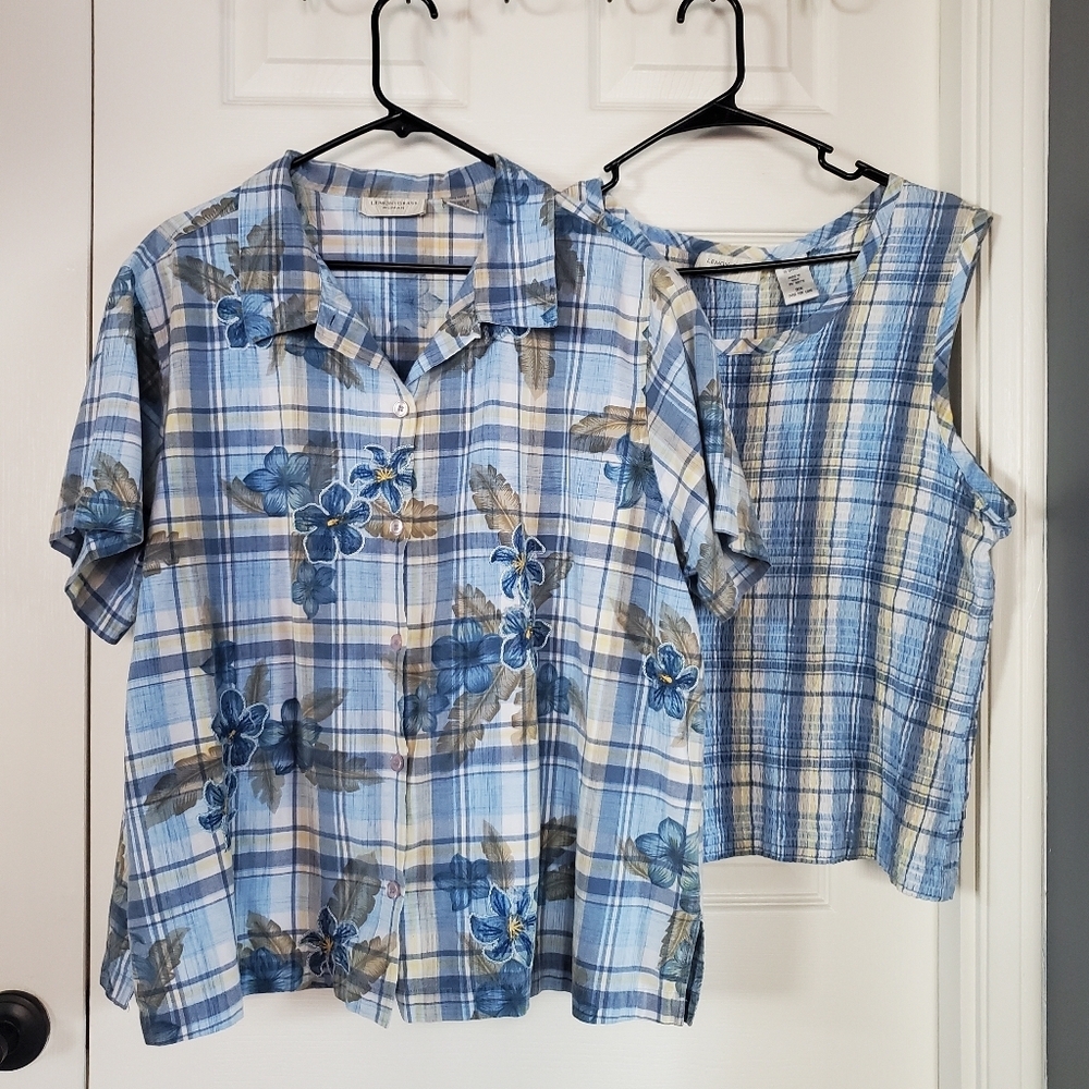 Lemon Grass Blue Plaid Shirt Set Short Sleeves Button-up Embroidered Size 3X
